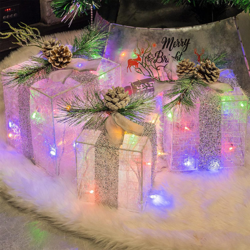Set Of 3 Christmas Lighted Gift Boxes Light Up Present Boxes Ornament Outdoor Multi Color